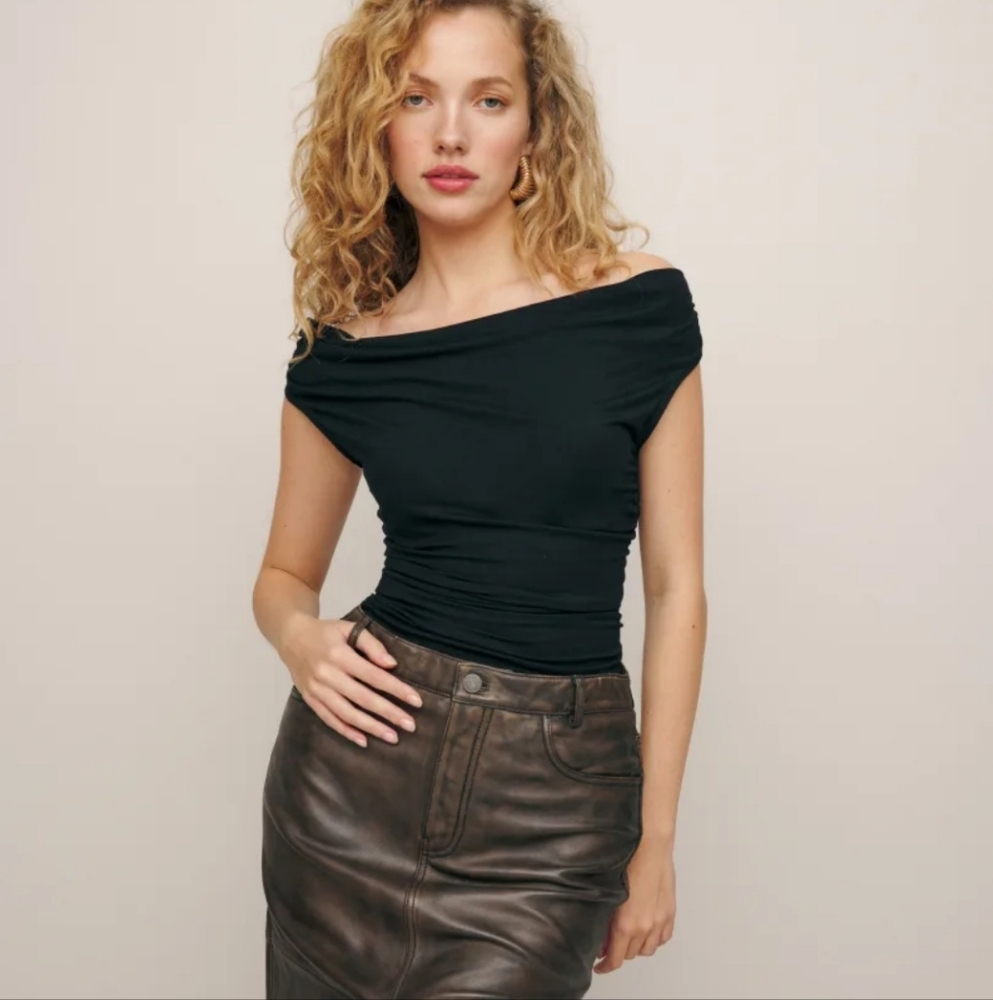 REFORMATION Black Drape Neck Blouse Ruched Top Cap Sleeve or Off Shoulder Sz S